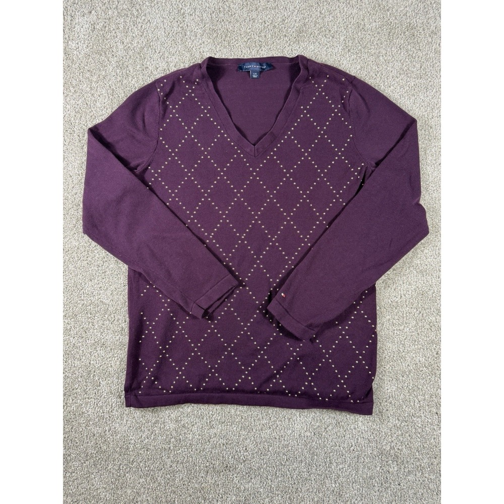 Tommy Hilfiger Purple V-Neck Sweater with Studs Size‎ L